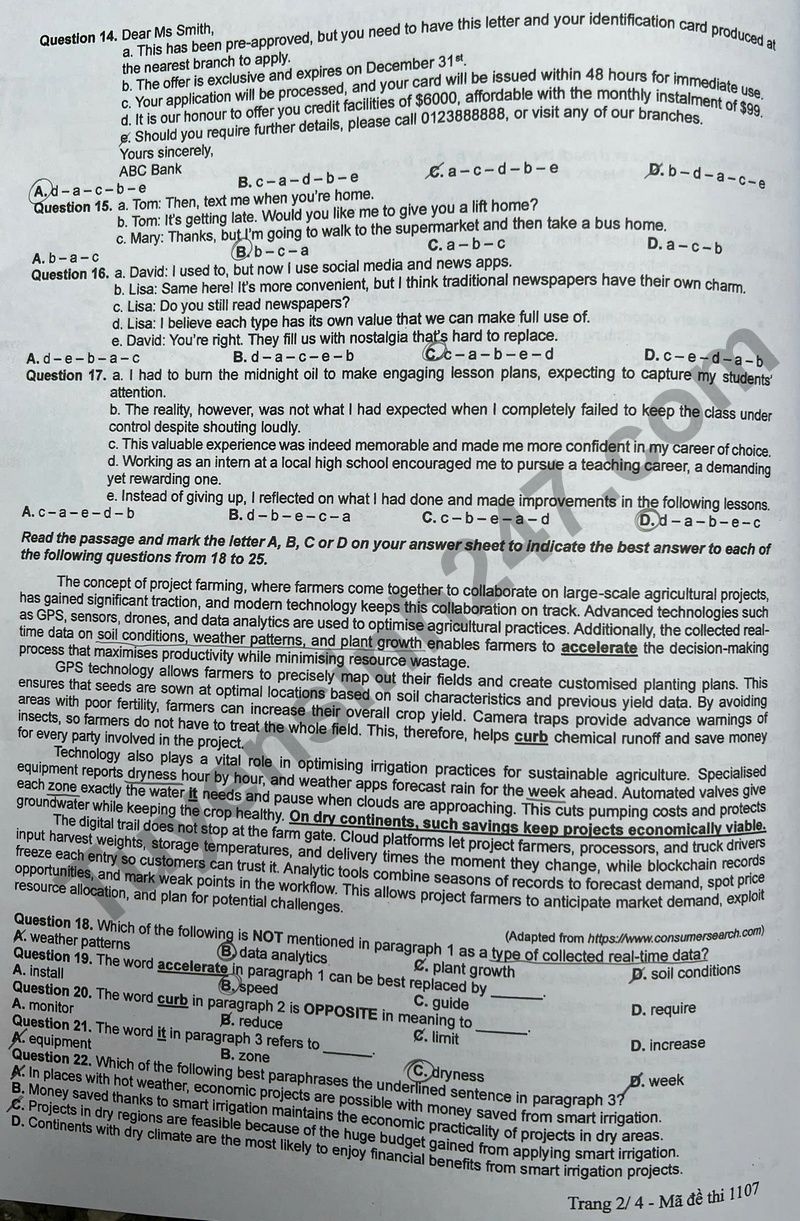 Dap an de thi mon Anh tot nghiep THPT 2025 - ma de 1107