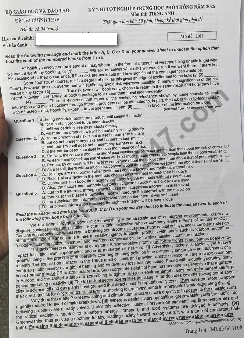 Dap an de thi tot nghiep THPT 2025 ma de 1108 mon Anh