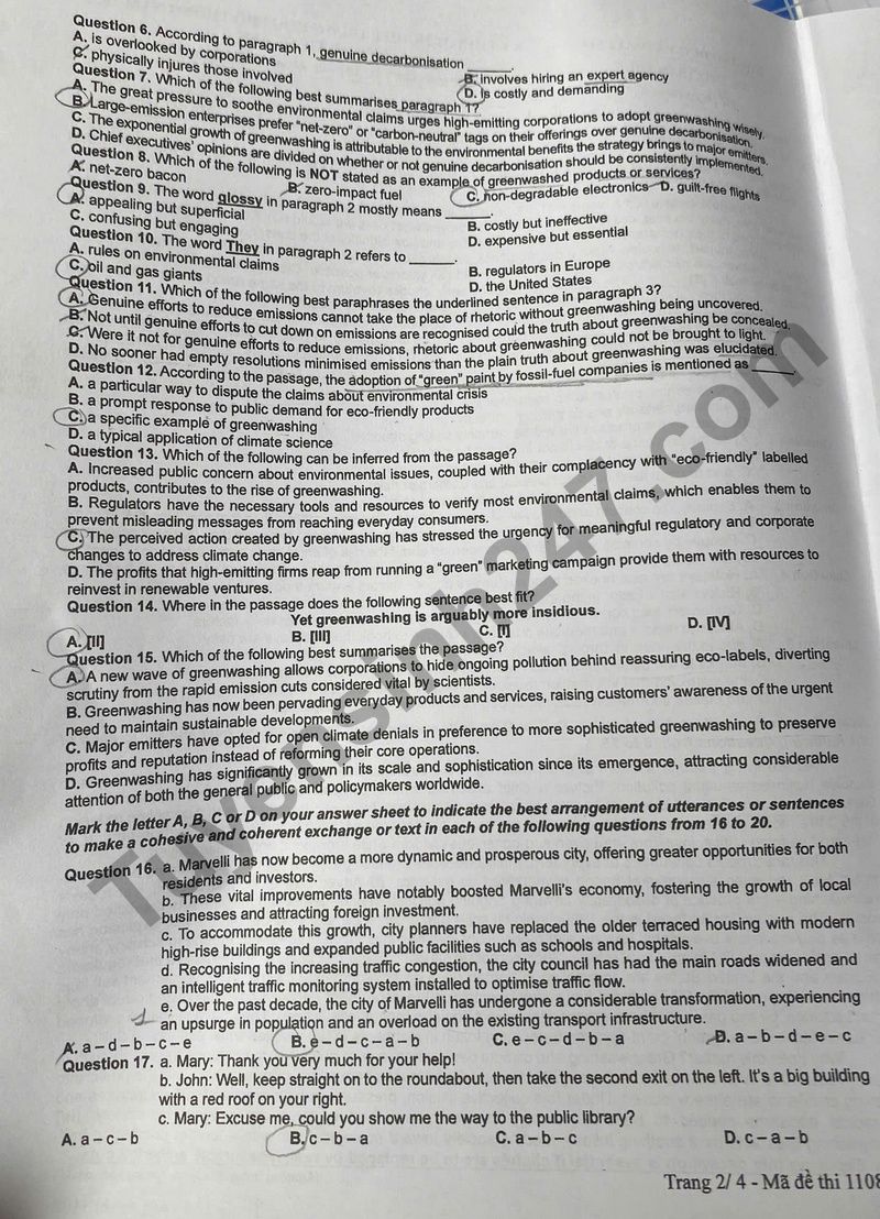 Dap an de thi tot nghiep THPT 2025 ma de 1108 mon Anh