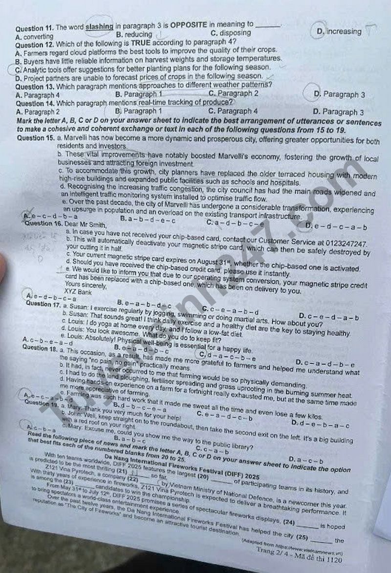 Dap an de thi mon Anh tot nghiep THPT 2025 - ma de 1120