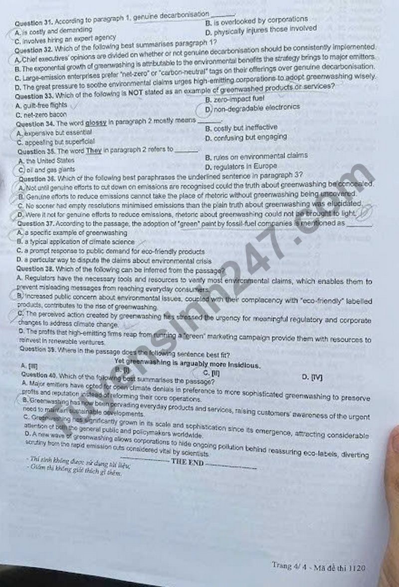 Dap an de thi mon Anh tot nghiep THPT 2025 - ma de 1120