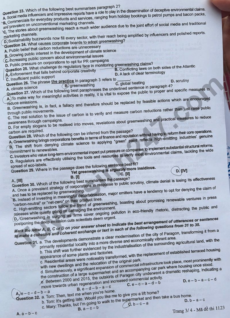 Dap an de thi tot nghiep THPT 2025 - ma de 1123 mon Anh