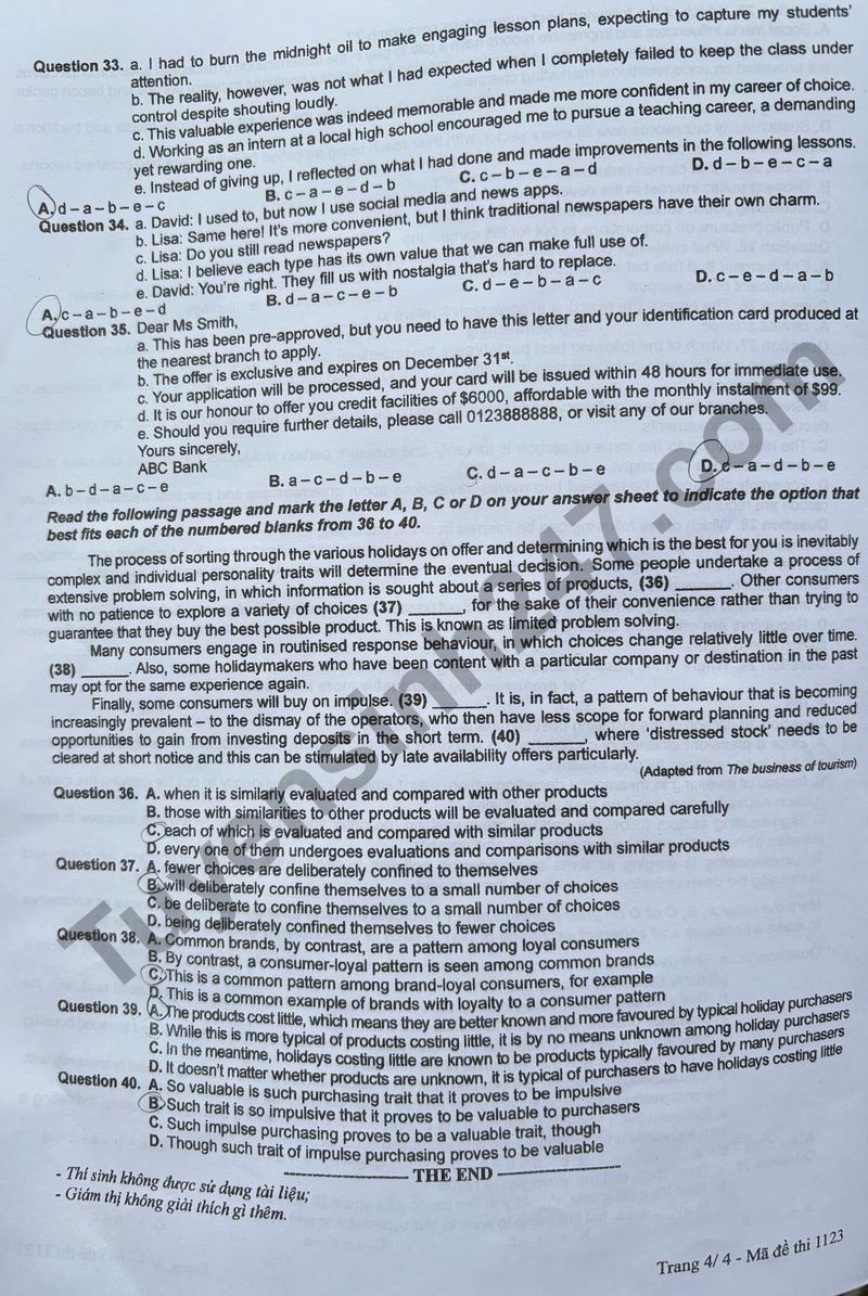 Dap an de thi tot nghiep THPT 2025 - ma de 1123 mon Anh