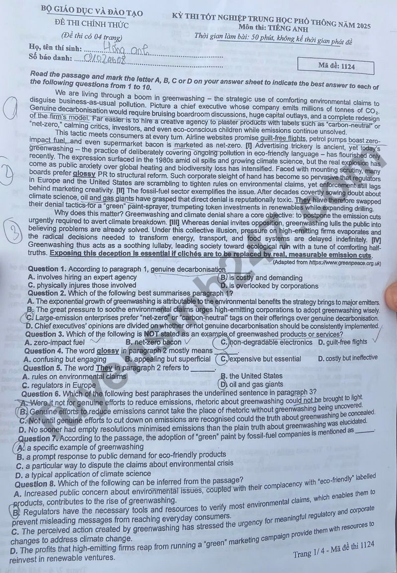 Dap an de thi tot nghiep THPT 2025 mon Anh - ma de 1124