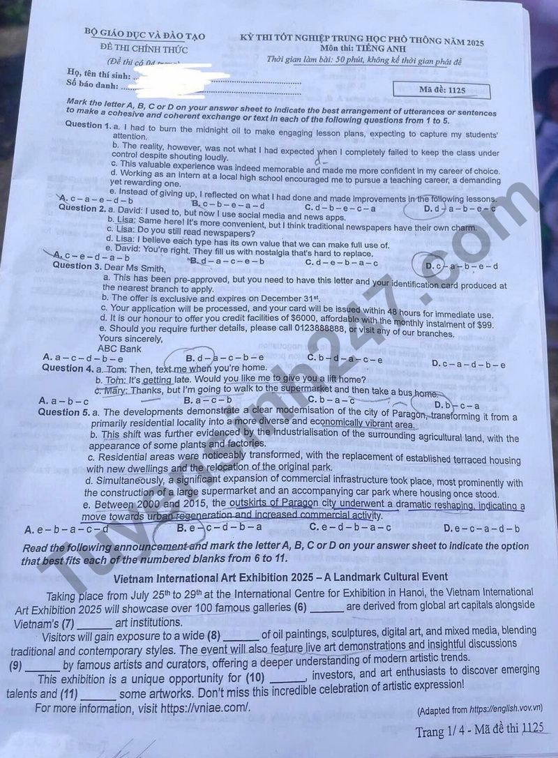 Dap an de thi tot nghiep THPT 2025 mon Anh ma de 1125