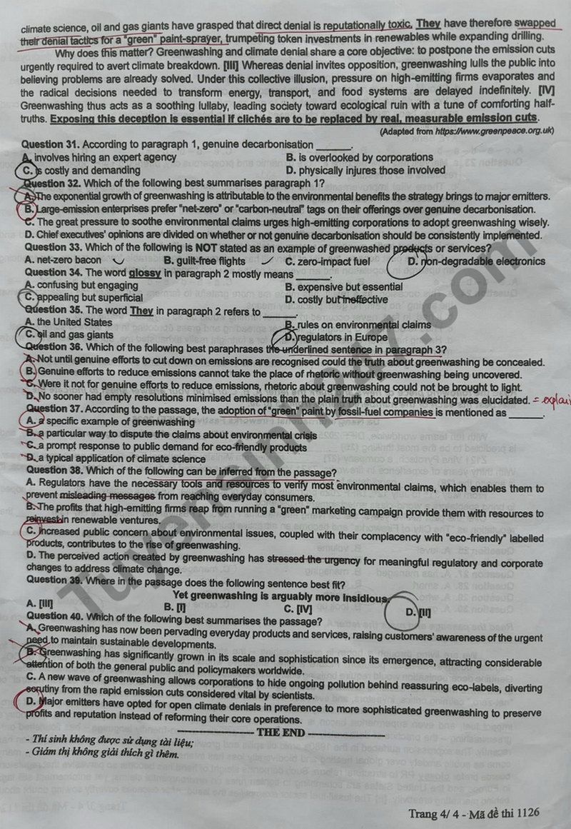 Dap an de thi tot nghiep THPT 2025 mon Anh - ma de 1126