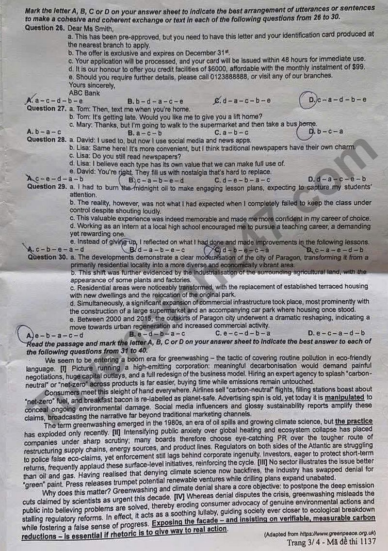 Dap an de thi tot nghiep THPT 2025 mon Anh ma de 1137