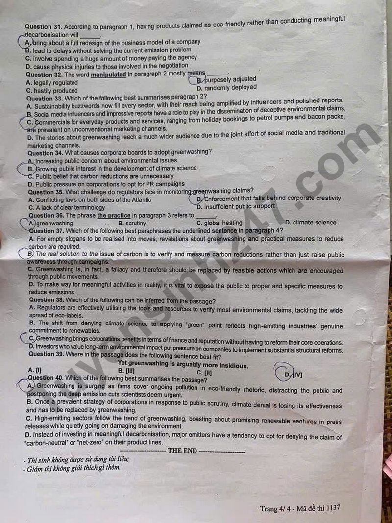 Dap an de thi tot nghiep THPT 2025 mon Anh ma de 1137