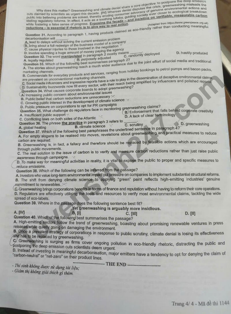 Dap an de thi tot nghiep THPT 2025 mon Anh ma de 1144