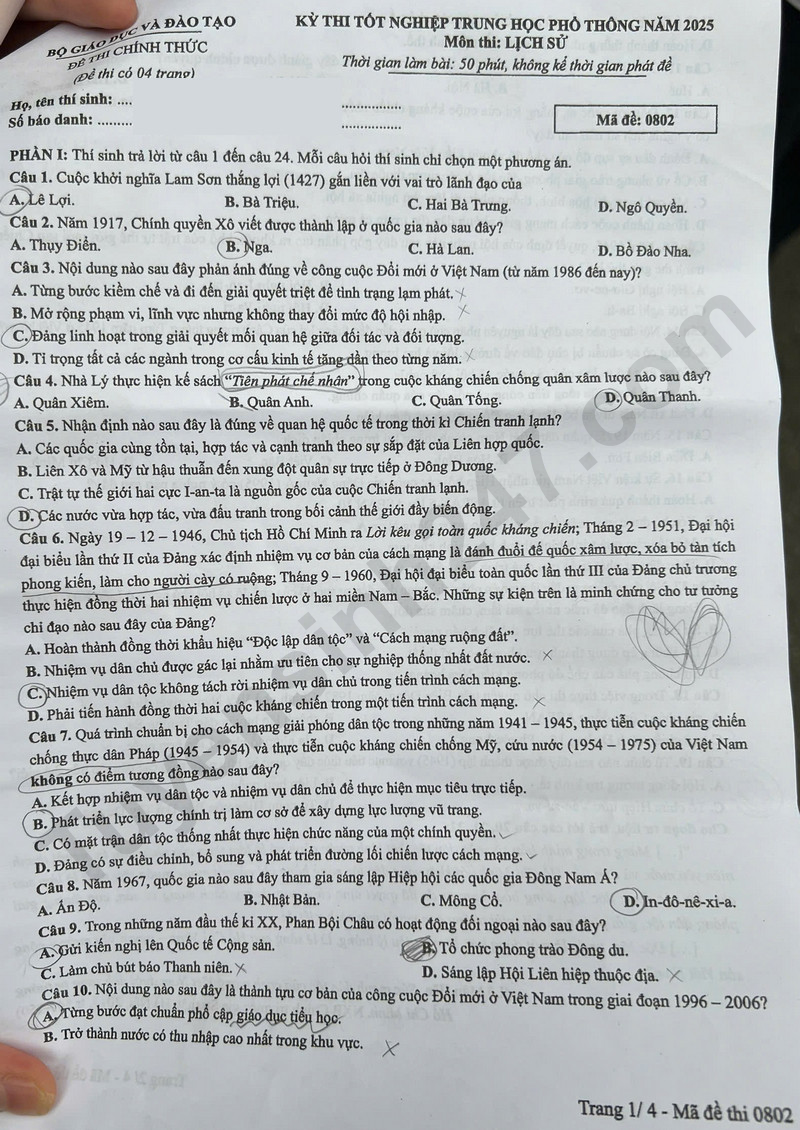 Dap an de thi tot nghiep THPT mon Su 2025 - ma de 0802