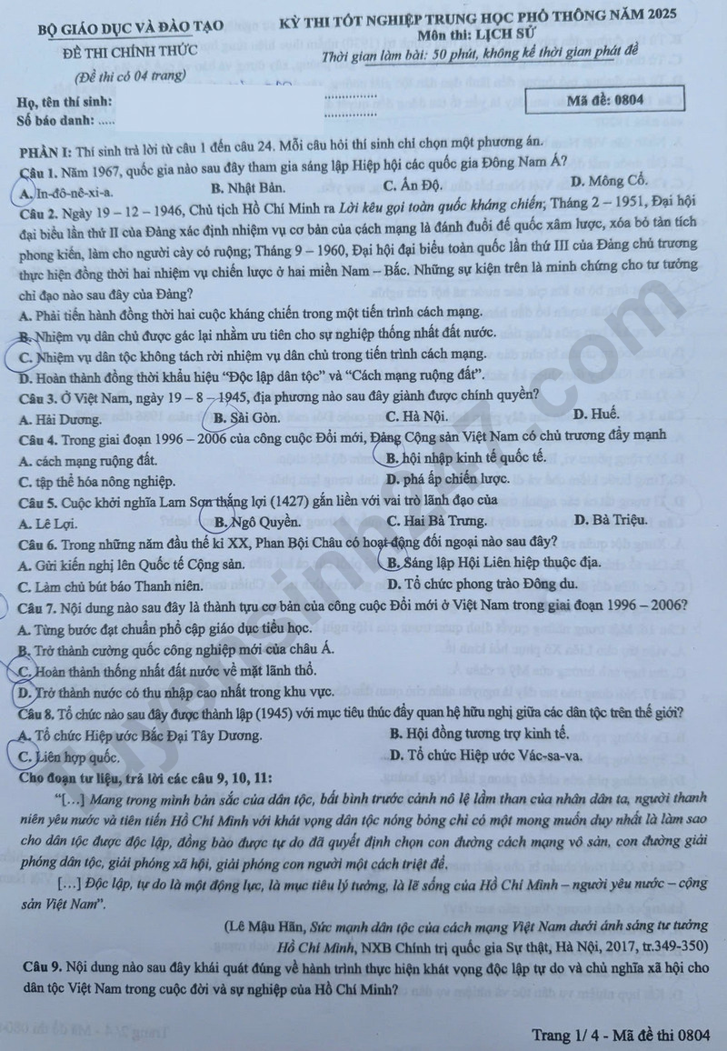 Dap an de thi tot nghiep THPT 2025 mon Su - ma de 0804