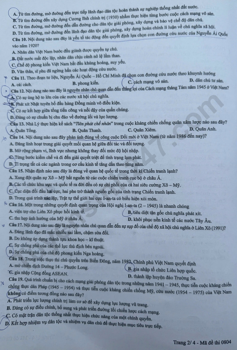 Dap an de thi tot nghiep THPT 2025 mon Su - ma de 0804