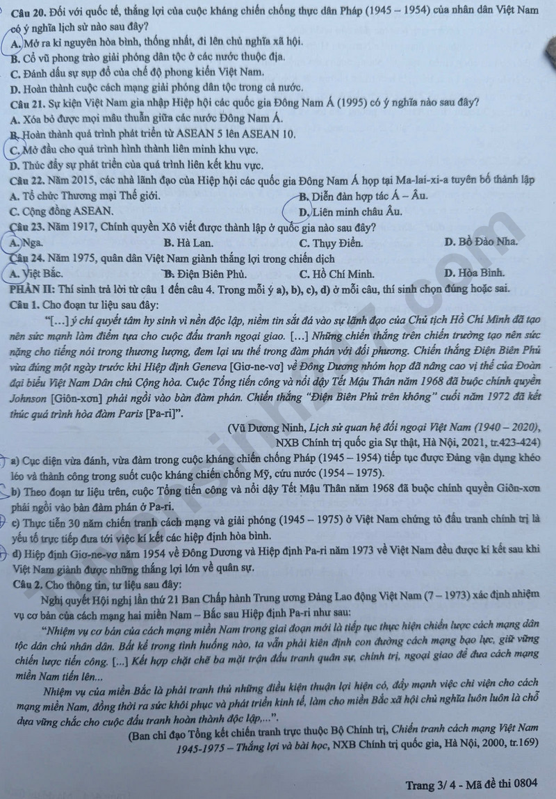 Dap an de thi tot nghiep THPT 2025 mon Su - ma de 0804
