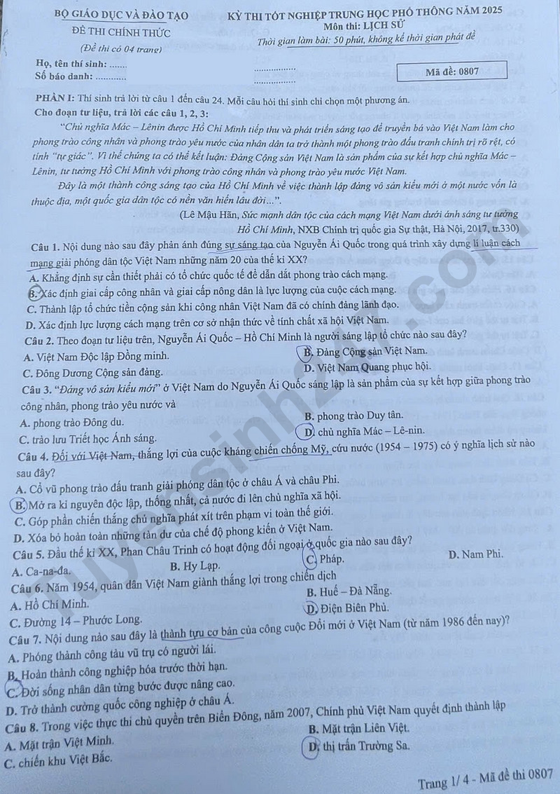 Dap an de thi tot nghiep THPT nam 2025 mon Su ma de 0807