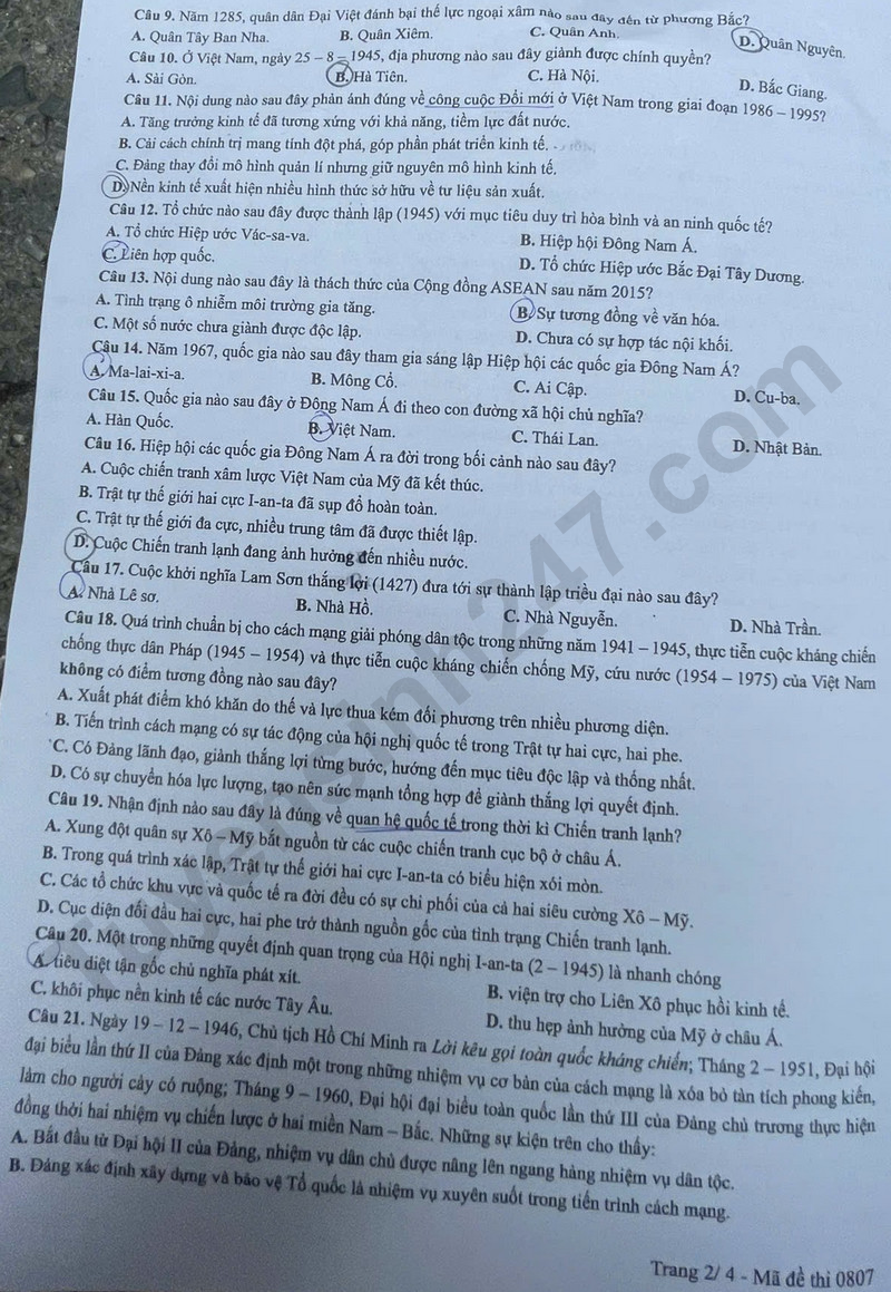 Dap an de thi tot nghiep THPT nam 2025 mon Su ma de 0807