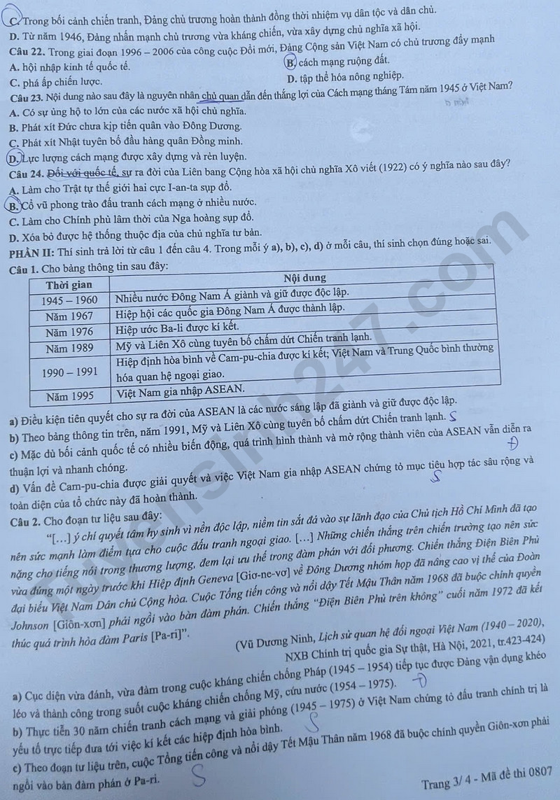 Dap an de thi tot nghiep THPT nam 2025 mon Su ma de 0807