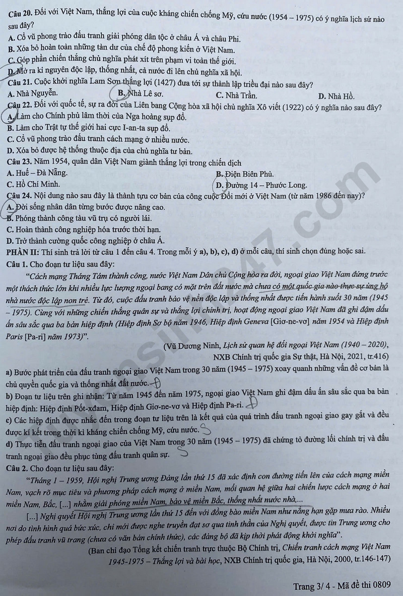 Dap an de thi mon Su tot nghiep THPT 2025 ma de 0809