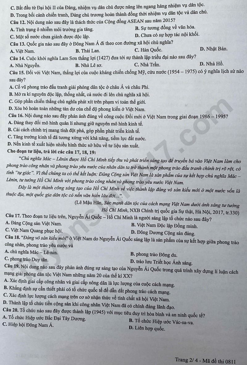 Dap an de thi mon Su tot nghiep THPT 2025 ma de 0811