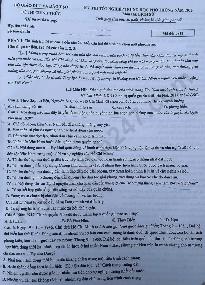 Dap an de thi mon Su tot nghiep THPT 2025 - ma de 0812