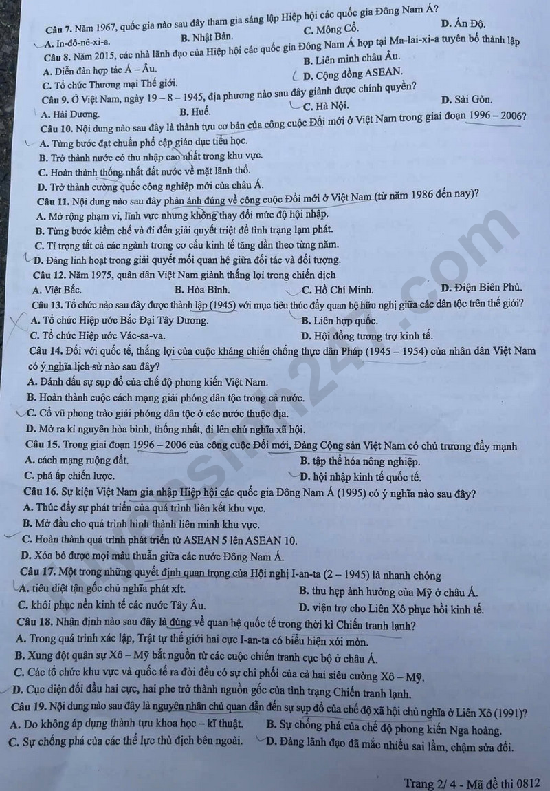 Dap an de thi mon Su tot nghiep THPT 2025 - ma de 0812