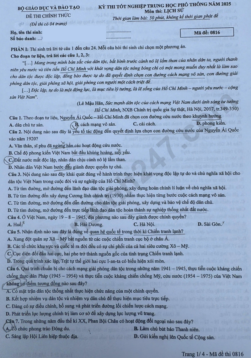 Dap an mon Su ma de 0816 - tot nghiep THPT 2025