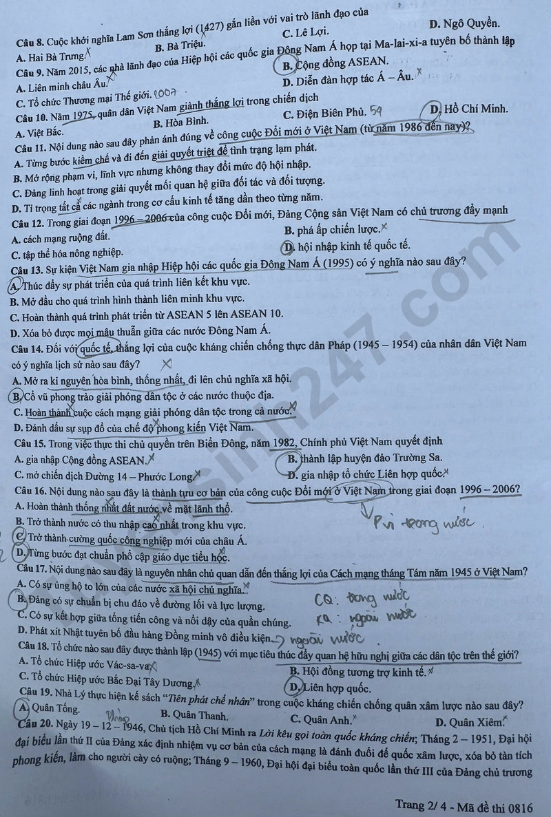 Dap an mon Su ma de 0816 - tot nghiep THPT 2025