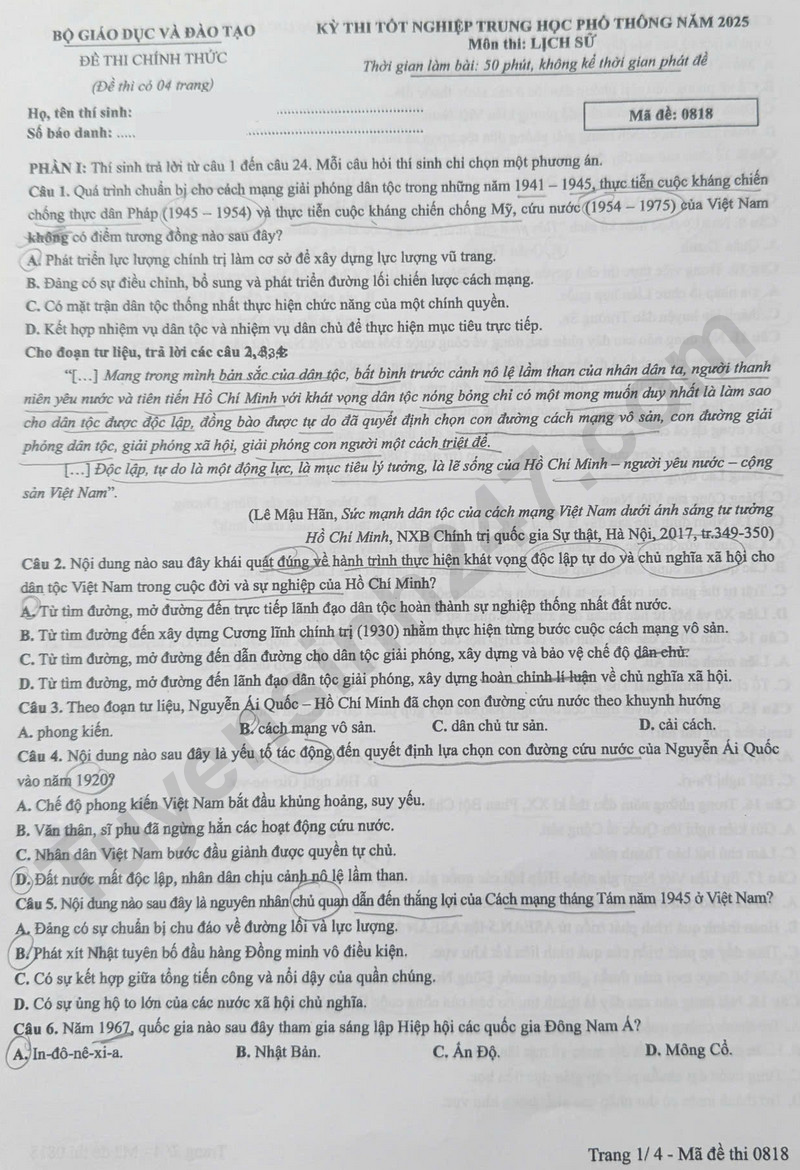 Dap an de thi mon Su tot nghiep THPT 2025 - ma de 0818
