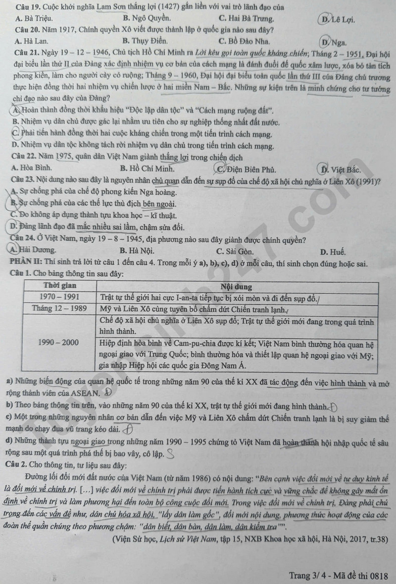 Dap an de thi mon Su tot nghiep THPT 2025 - ma de 0818