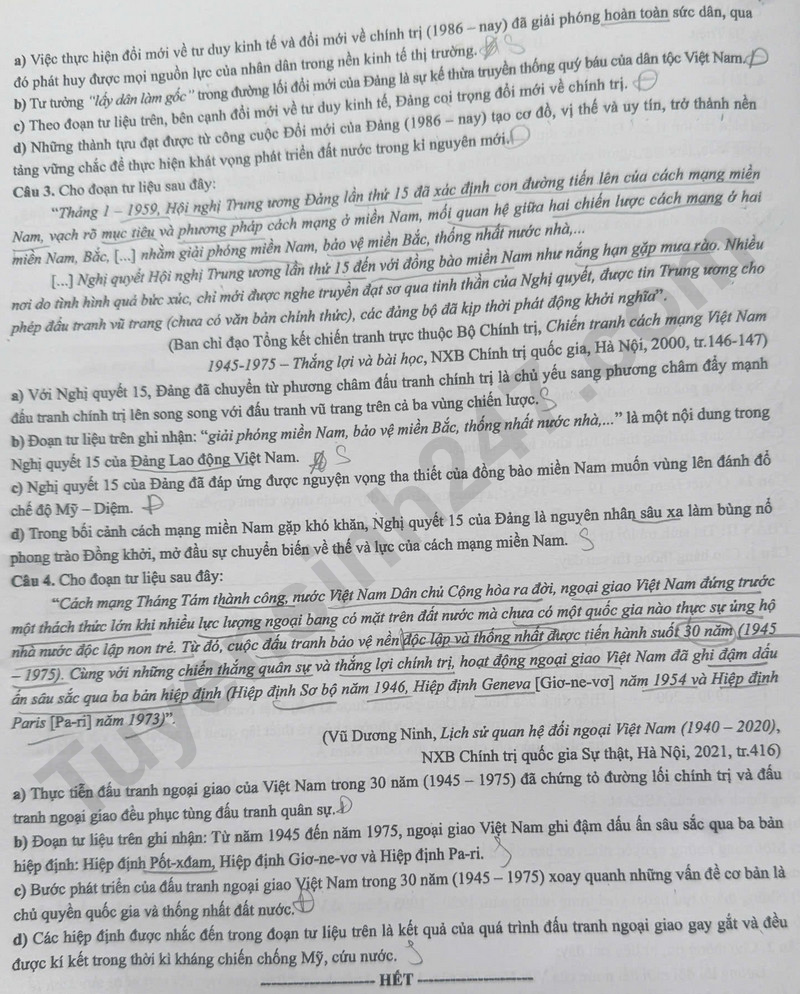 Dap an de thi mon Su tot nghiep THPT 2025 - ma de 0818