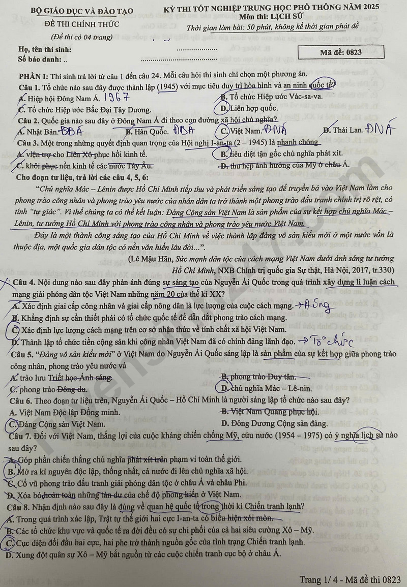 Dap an de thi mon Su ma de 0823 - tot nghiep THPT 2025