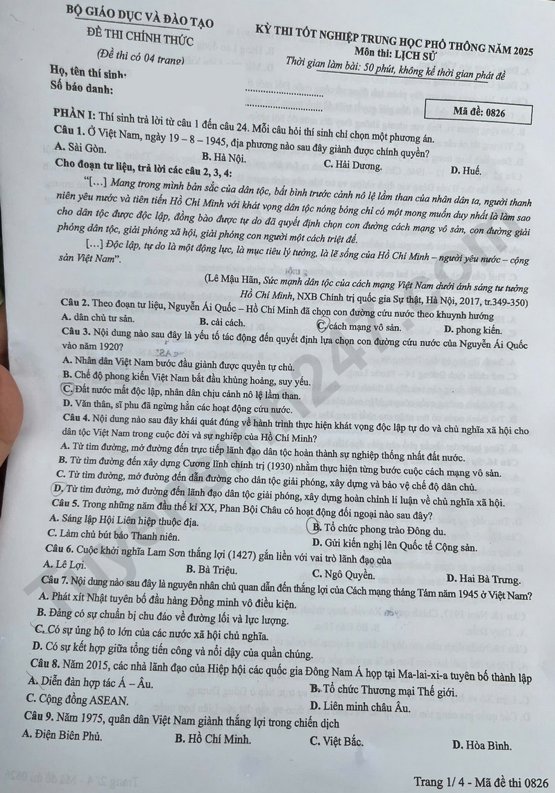 Dap an mon Su ma de 0826 - tot nghiep THPT 2025
