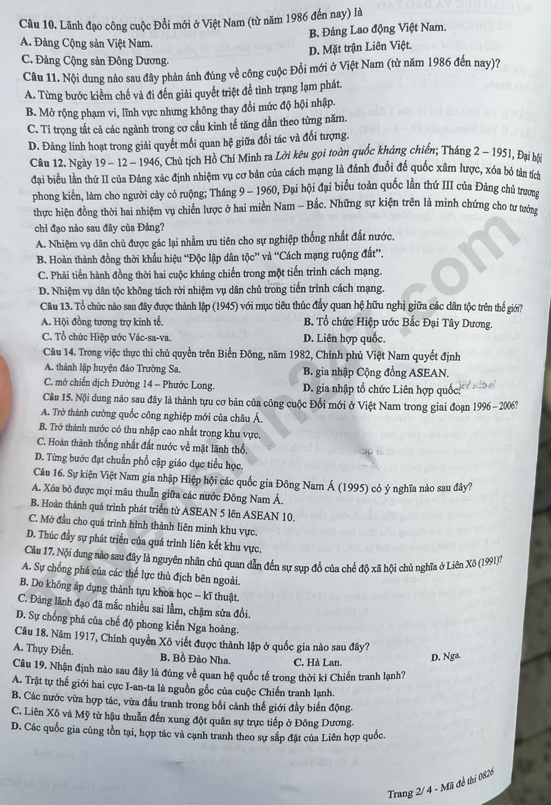 Dap an mon Su ma de 0826 - tot nghiep THPT 2025
