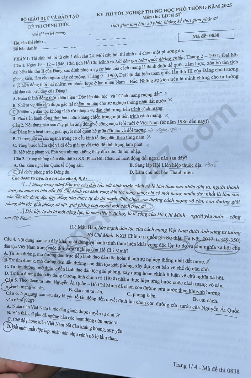 Dap an de thi mon Su ma de 0838 tot nghiep THPT 2025