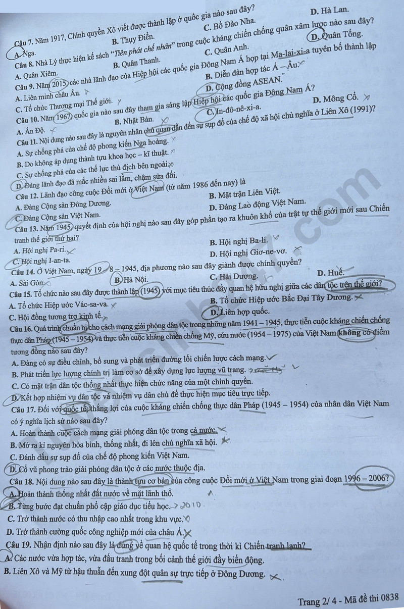 Dap an de thi mon Su ma de 0838 tot nghiep THPT 2025
