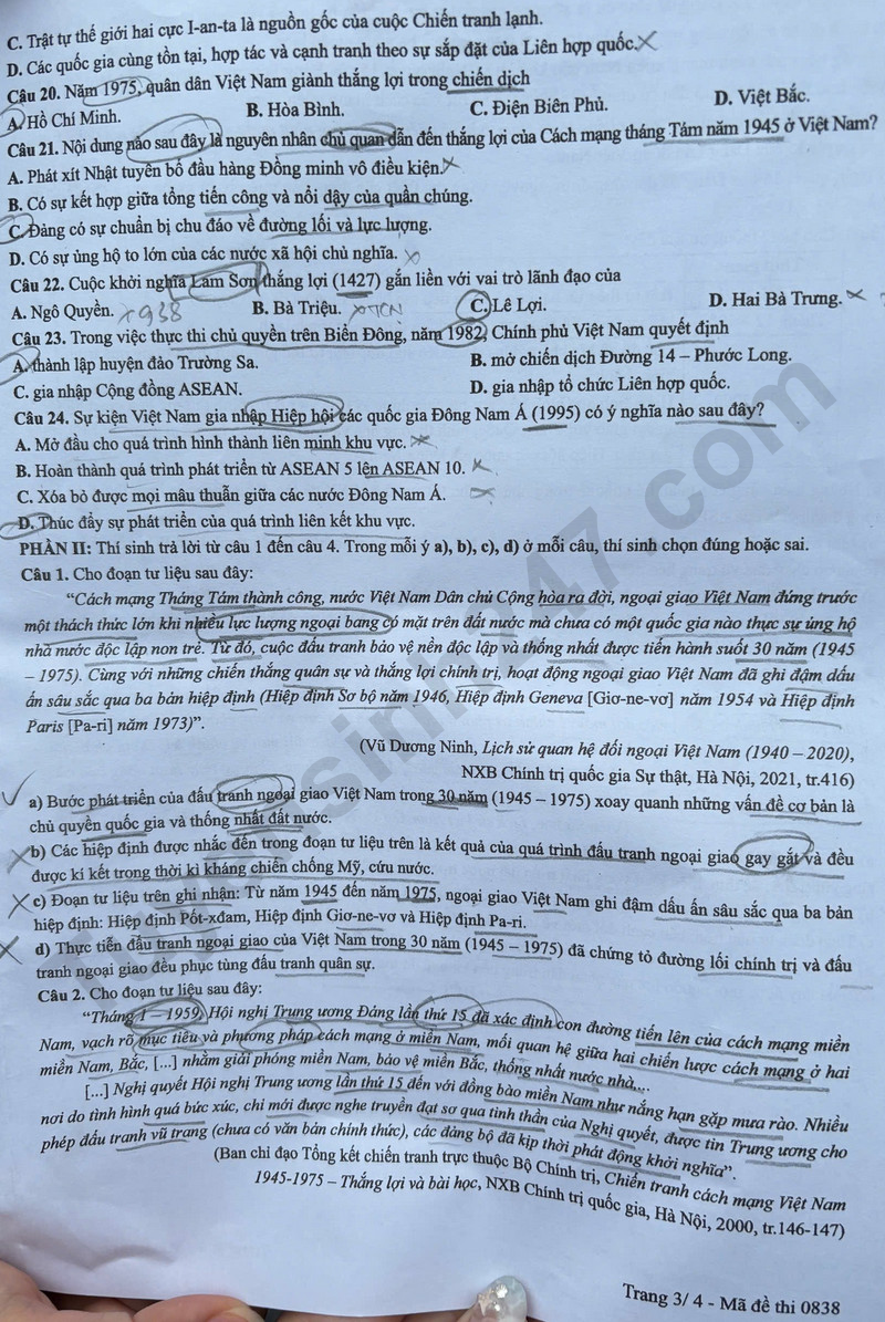 Dap an de thi mon Su ma de 0838 tot nghiep THPT 2025