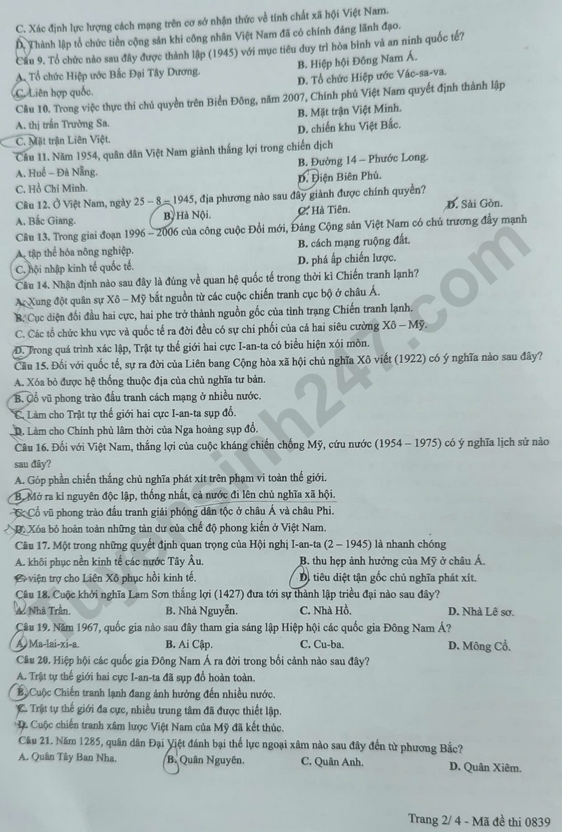 Dap an de thi tot nghiep THPT mon Su 2025 - ma de 0839