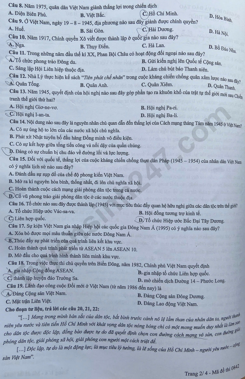 Dap an de thi mon Su ma de 0842 tot nghiep THPT 2025