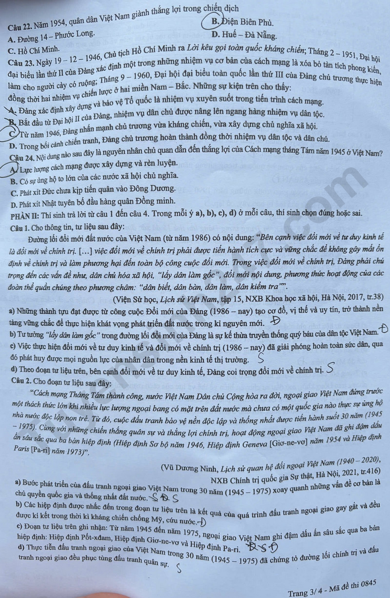 Dap an de thi tot nghiep THPT 2025 mon Su ma de 0845