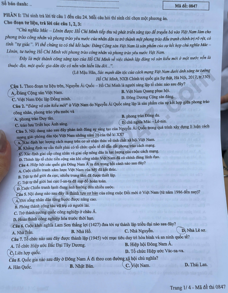 Dap an de thi mon Su ma de 0847 - tot nghiep THPT 2025