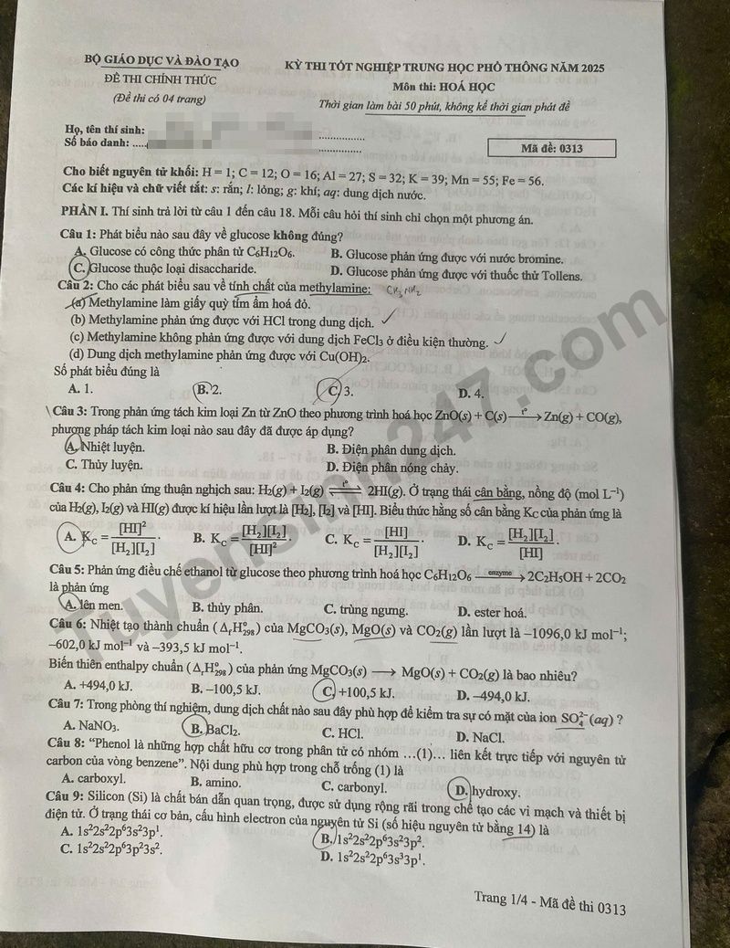 Dap an mon Hoa - ma de 0313 tot nghiep THPT nam 2025