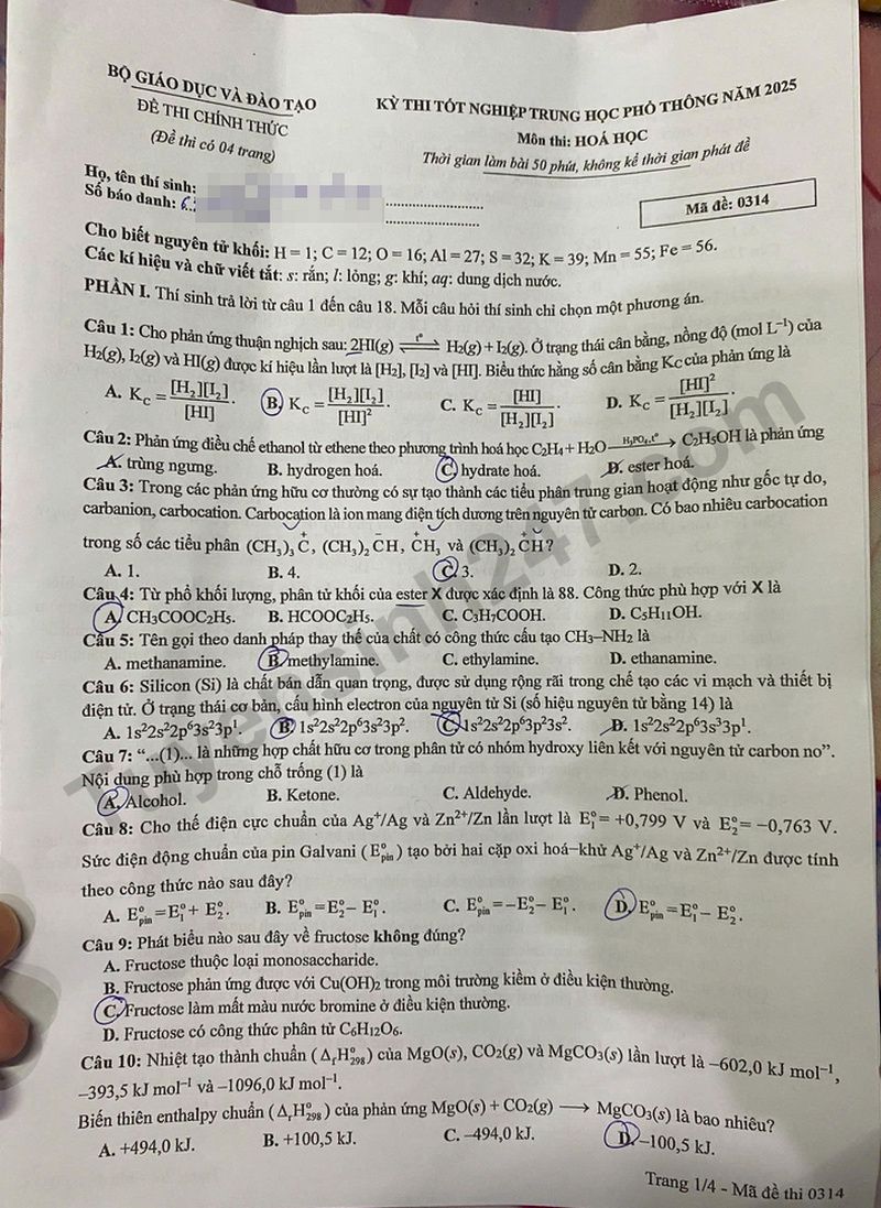 Dap an de thi tot nghiep THPT 2025 ma de 0314 mon Hoa