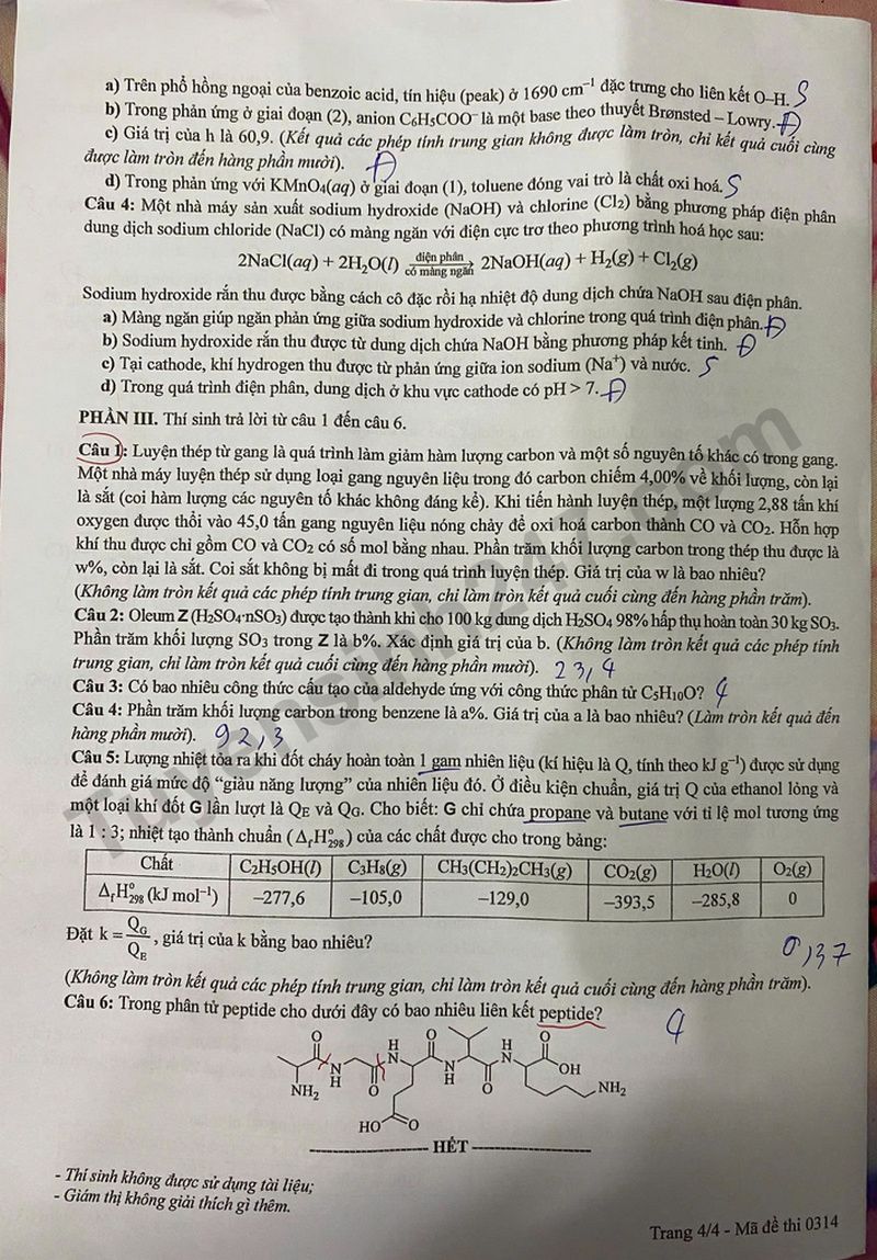 Dap an de thi tot nghiep THPT 2025 ma de 0314 mon Hoa