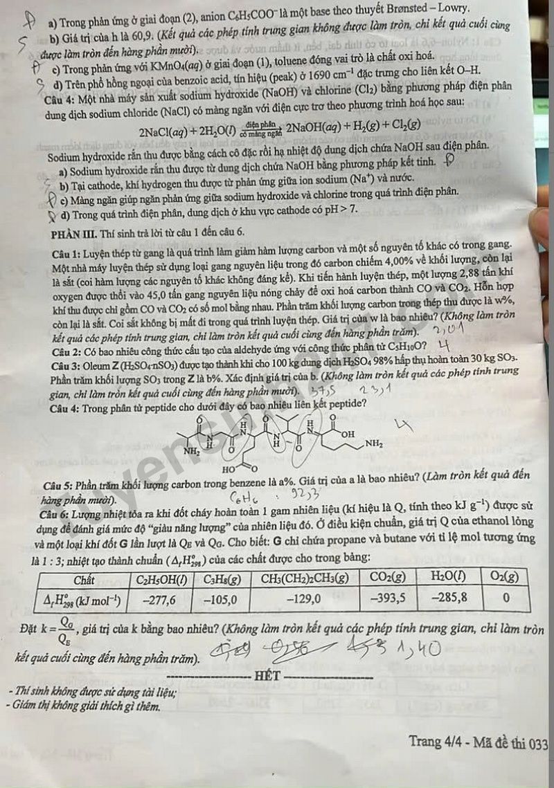 Dap an de thi tot nghiep THPT mon Hoa 2025 - Ma de 0336