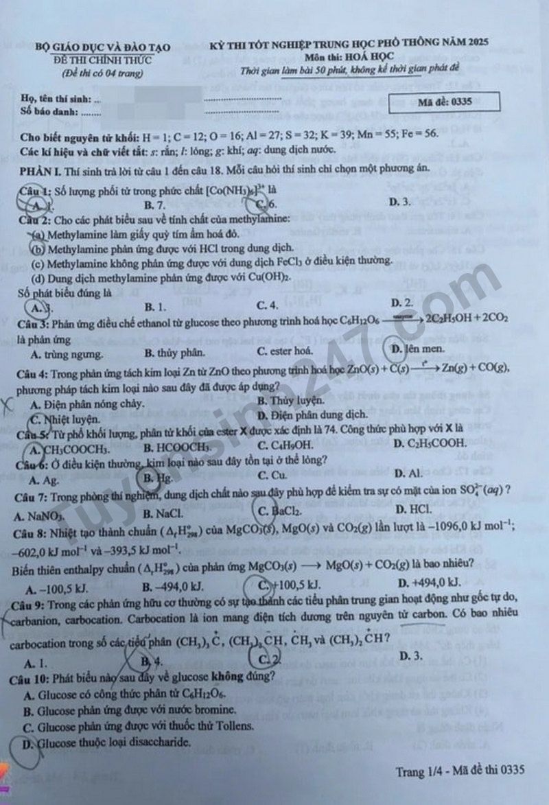 Dap an de thi mon Hoa - ma de 0335 tot nghiep THPT 2025