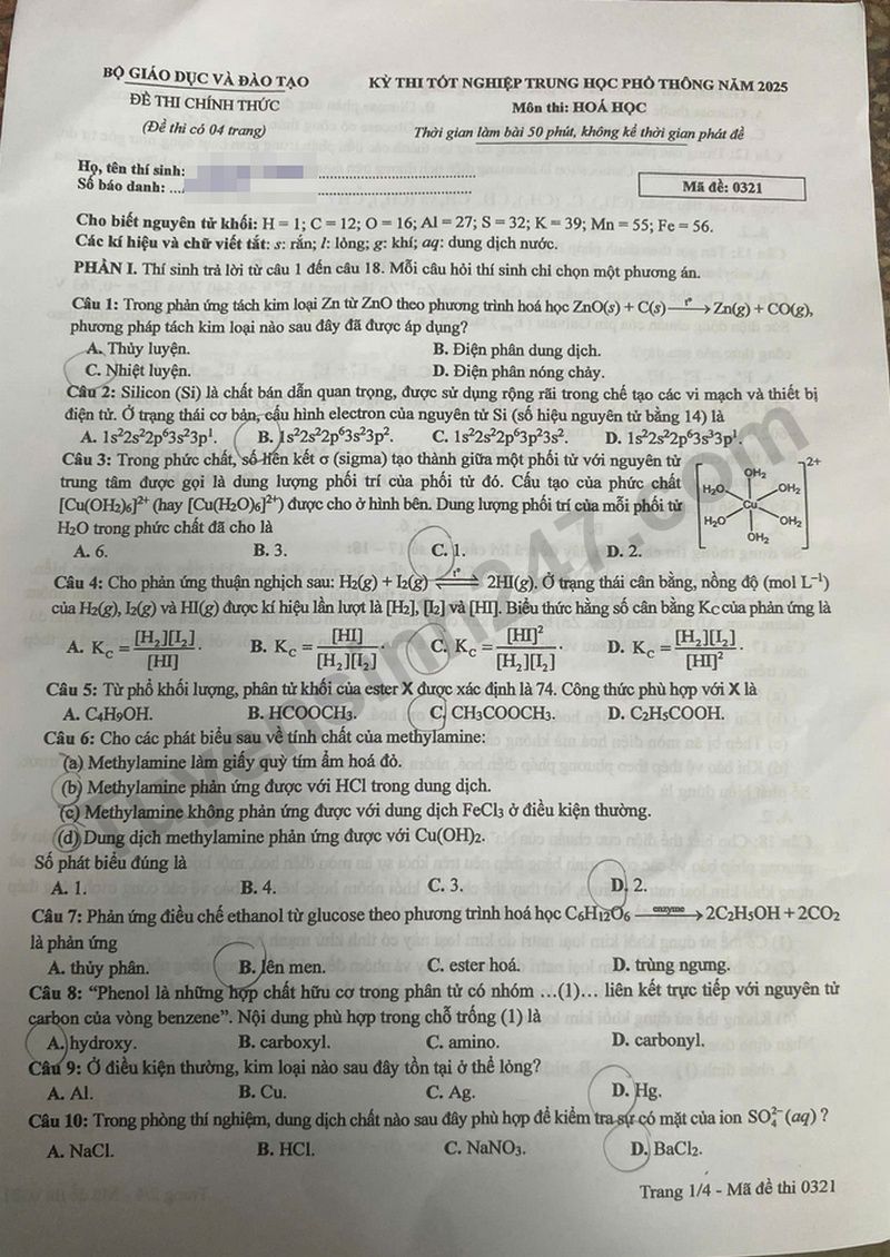 Dap an mon Hoa - ma de 0321 tot nghiep THPT 2025