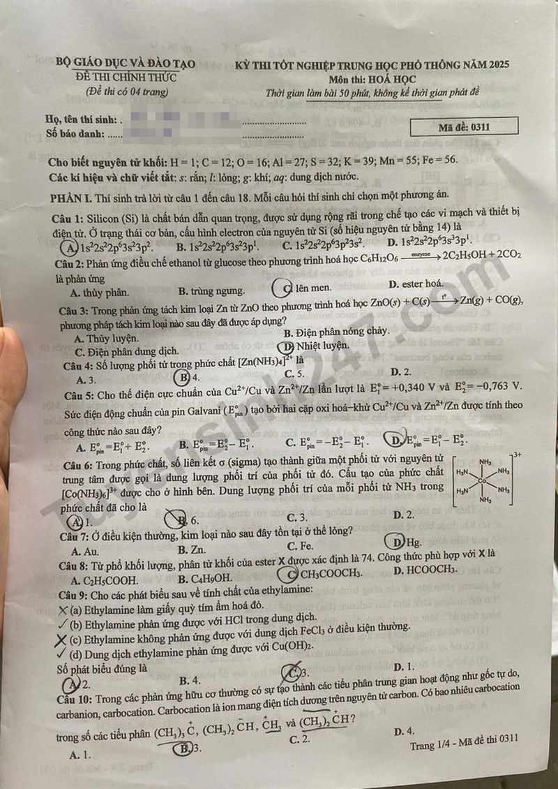 Dap an de thi tot nghiep THPT mon Hoa 2025 - Ma de 0311