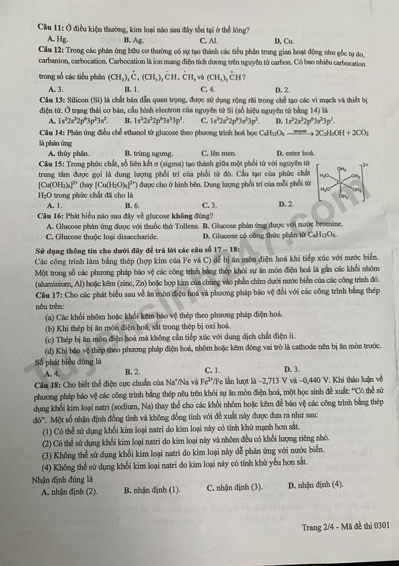 Dap an de thi tot nghiep THPT 2025 mon Hoa ma de 0301