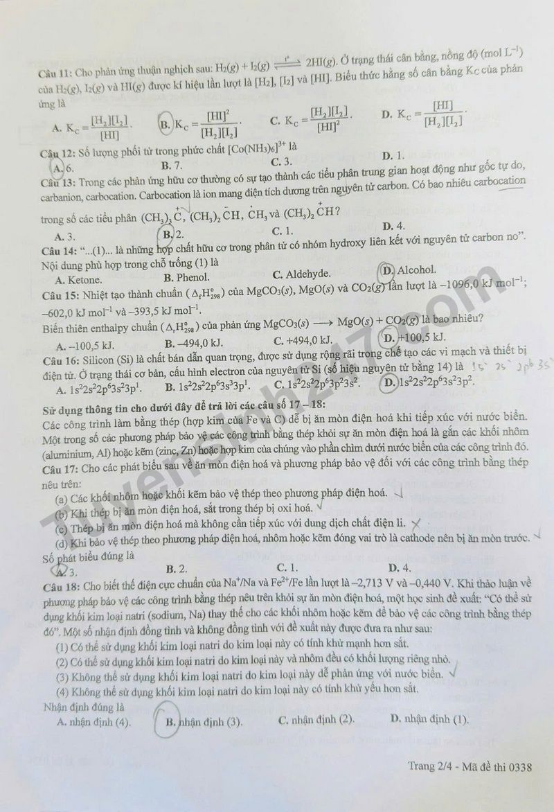 Dap an de thi tot nghiep THPT 2025 mon Hoa ma de 0338