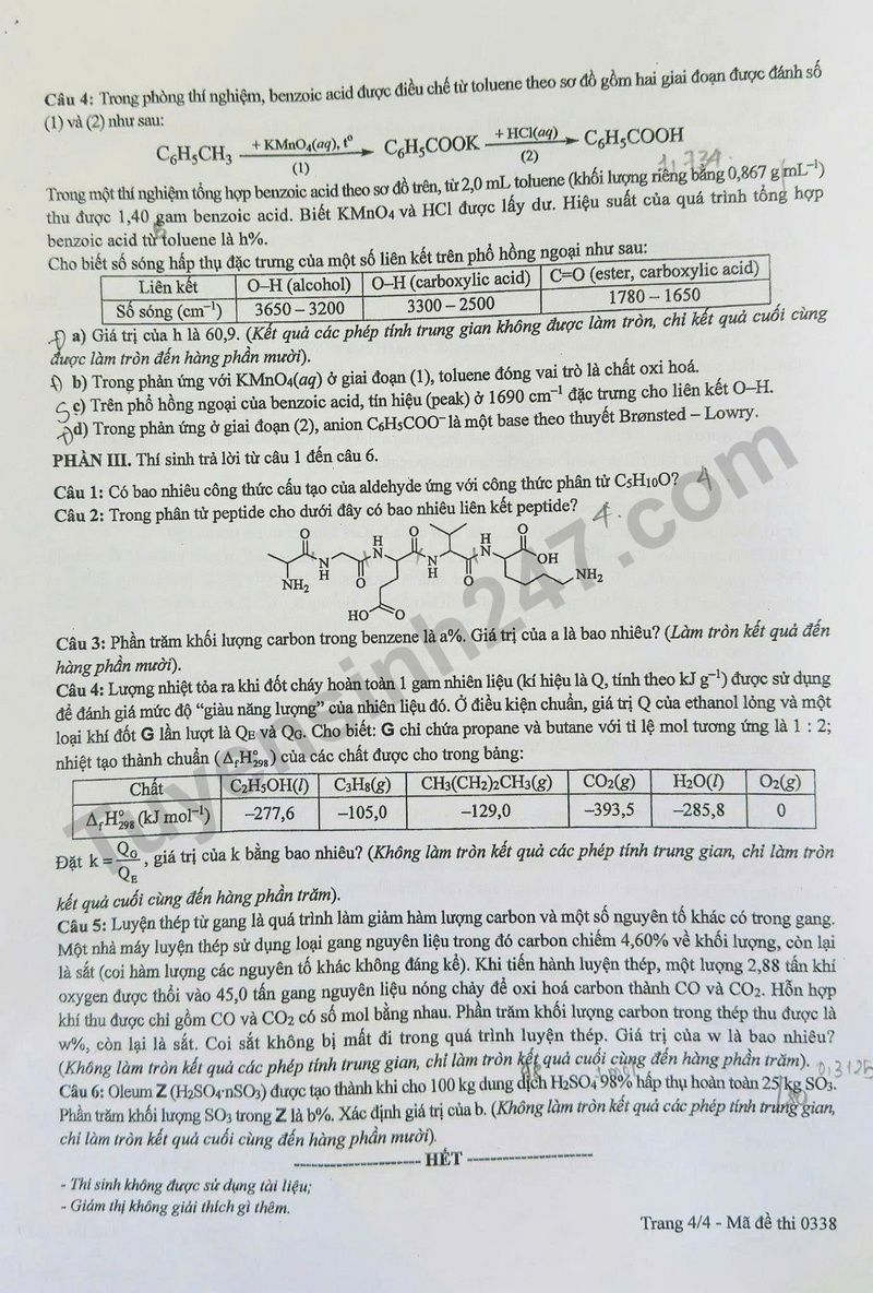 Dap an de thi tot nghiep THPT 2025 mon Hoa ma de 0338