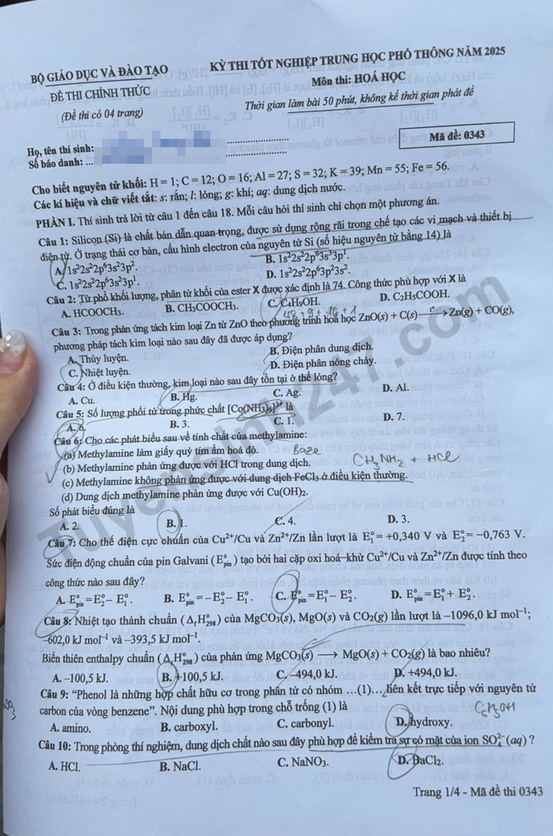 Dap an de thi tot nghiep THPT 2025 mon Hoa - ma de 0343